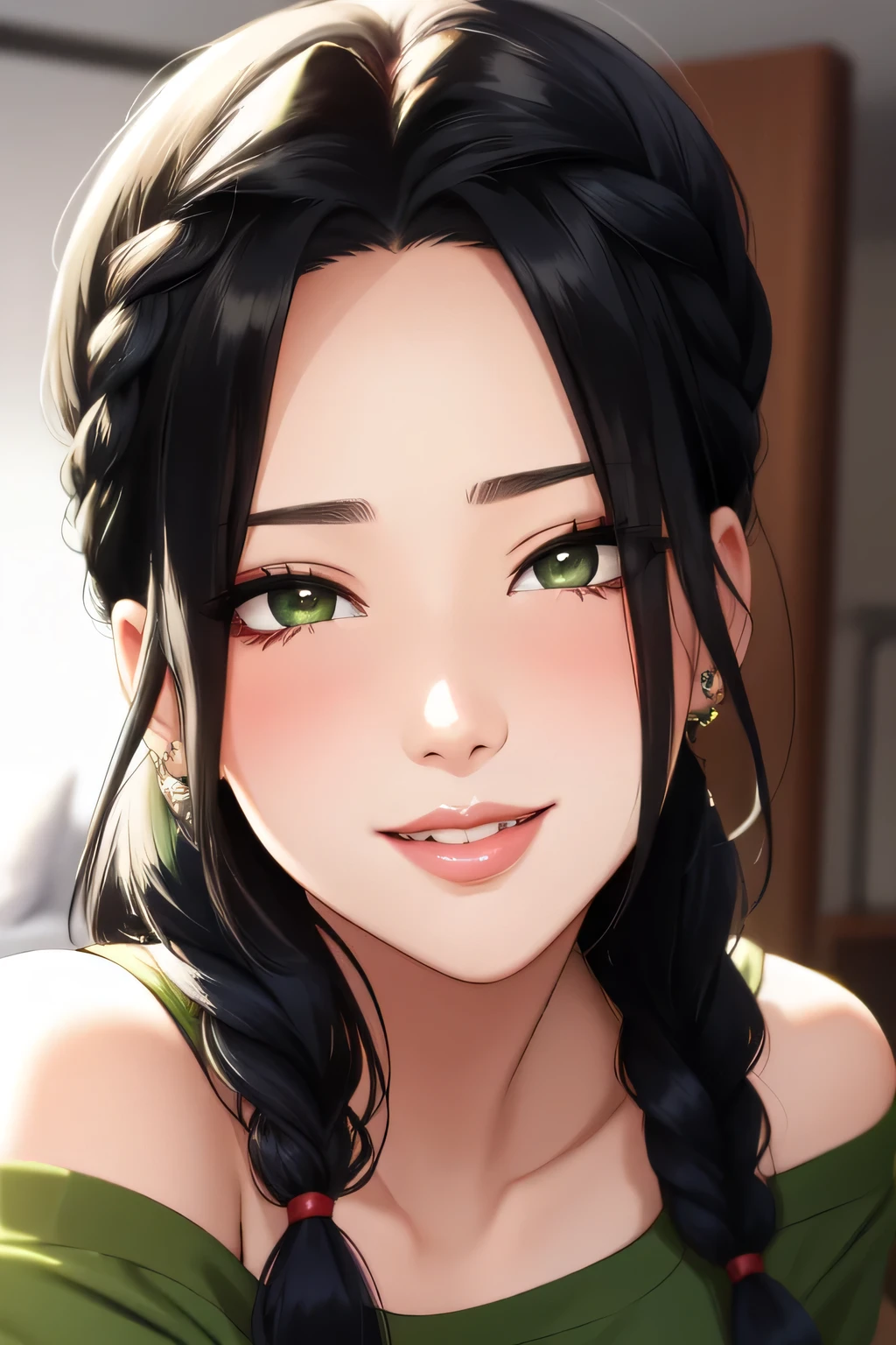Amazing portrait of a sexy woman with her black hair in a single braid having a long forehead with seductive eyes and her lips parted smiling with the deepest blush wearing an off shoulder olive green t shirt and blue short shorts lying on the bed being very seductive and aroused
