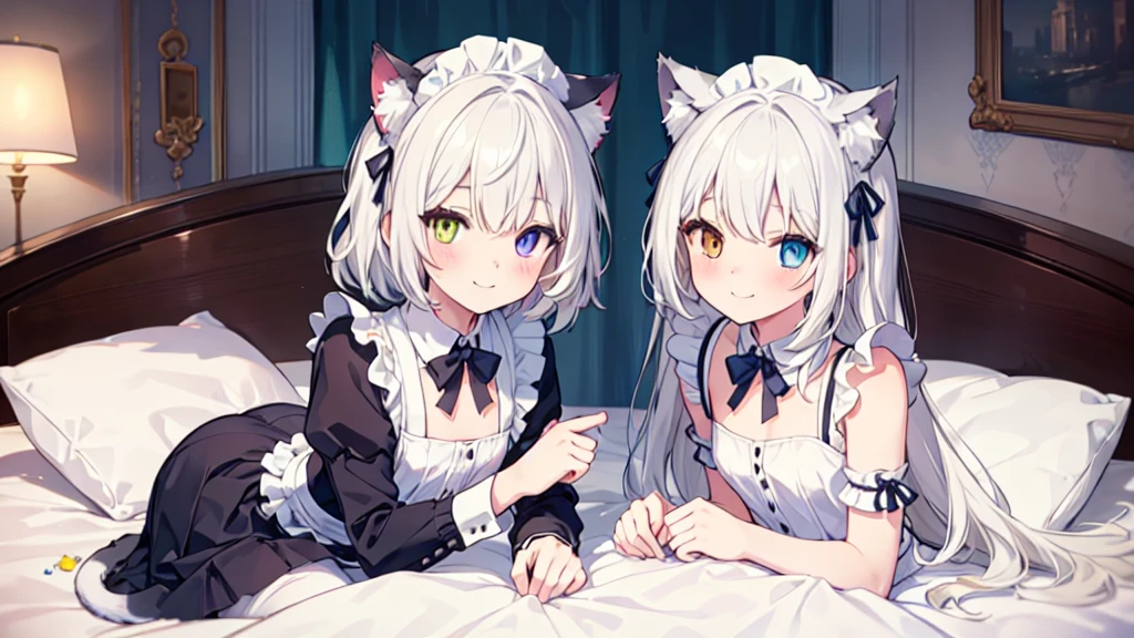 Maid costume，White pantyhose，White hair，Long hair，Cat ear，Heterochromia blue-yellow，Smile，Female face，There are bright spots in the eyes，Female hands，White little hands，Normal fingers，flat chest，2 people，in the room，Lying on the bed，One of them lies on top of another