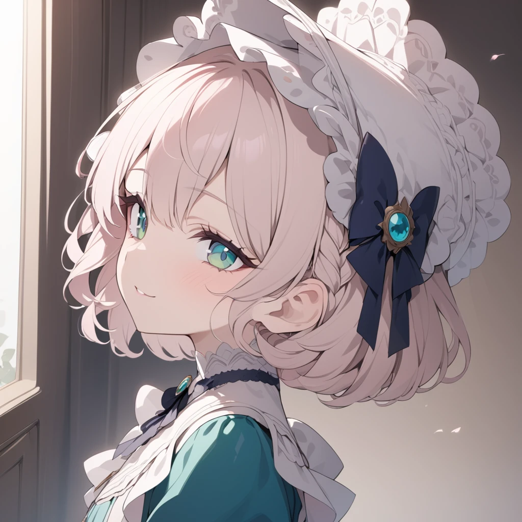 Platinum Blonde hair,curls,((emerald green eyes)),long eyelashes,((light pink victorian dress)),puffy short sleeves,pink frilled dress,((wide brimmed Bonnet with bows)),bustshot,masterpiece,highress,soft smile,bishoujo,peterpan collar,profile,white accents,white trim,white frills,((curly long side braid)),solo,facing left,((short hair))