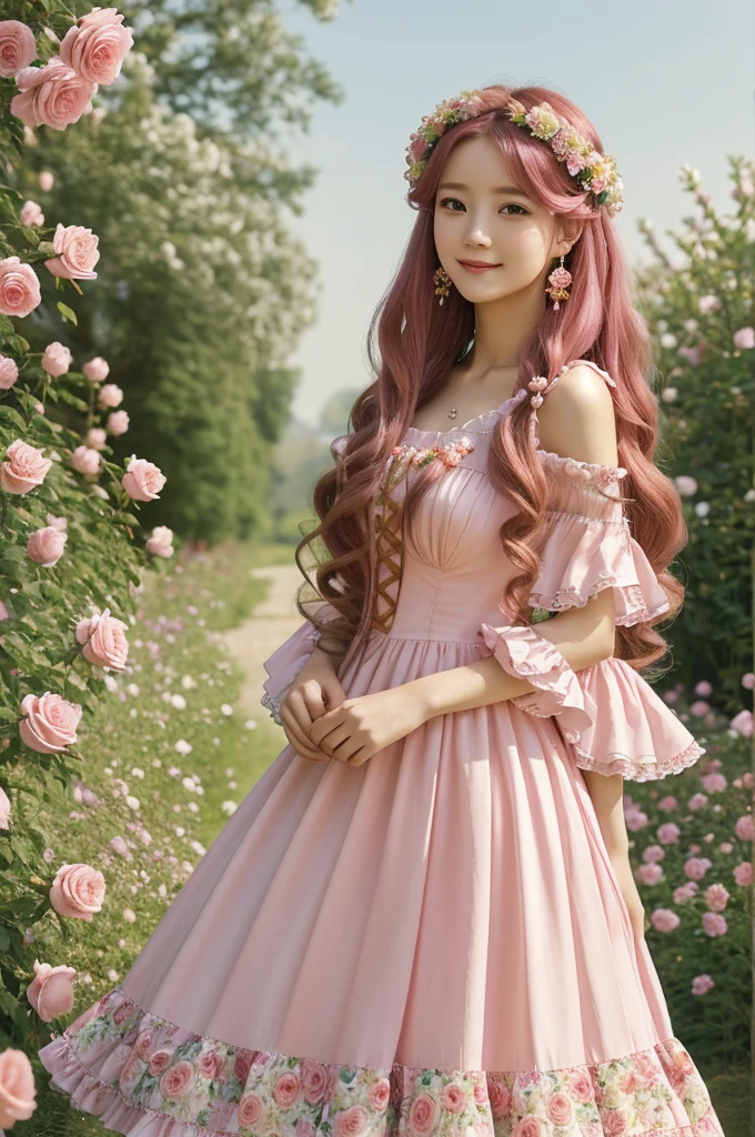 (masterpiece、top-quality、illustratio、Extremely high quality、high-level image quality、Extremely sensitive writing)Girl with long pink hair standing in beautiful flowery garden、rose earrings, A slight smile、She has a large bouquet、Cute national costume style dress with ruffles on the shoulders、Hair fluttering in the wind, manga styling