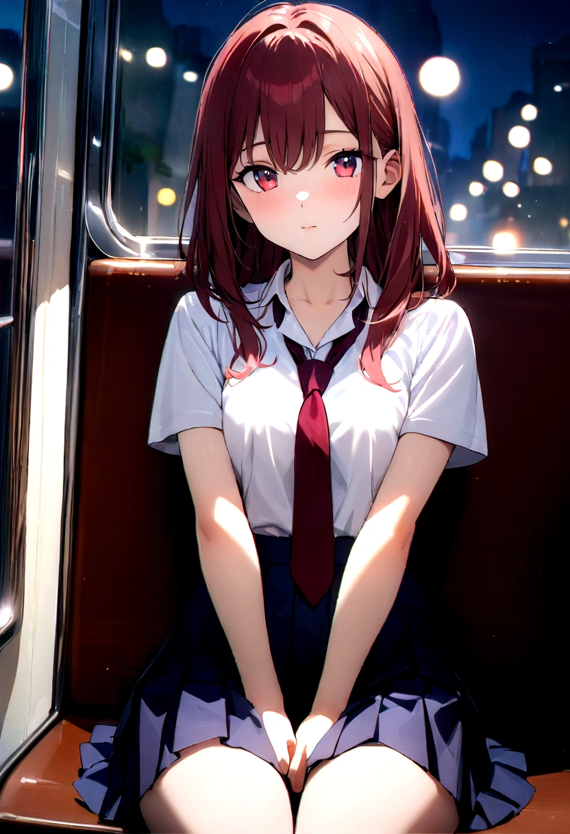 (masterpiece, Highest quality:1.2), 8K, 15 years, 85mm, Official Art, RAW Photos, Absurd, White dress shirt, Pretty face, close, Upper Body, violet, Gardenia, beautiful girl, , (Navy Pleated Skirt:1.1), Squeeze the waist, Thighs, Short sleeve, in the train, sit on bench seat, View your viewers, No makeup, (smile:0.4), Film Grain, chromatic aberration, Sharp focus, Face Light, Bright lighting, Teen, Detailed face, Bokeh Background, (Dark red tie:1.1)