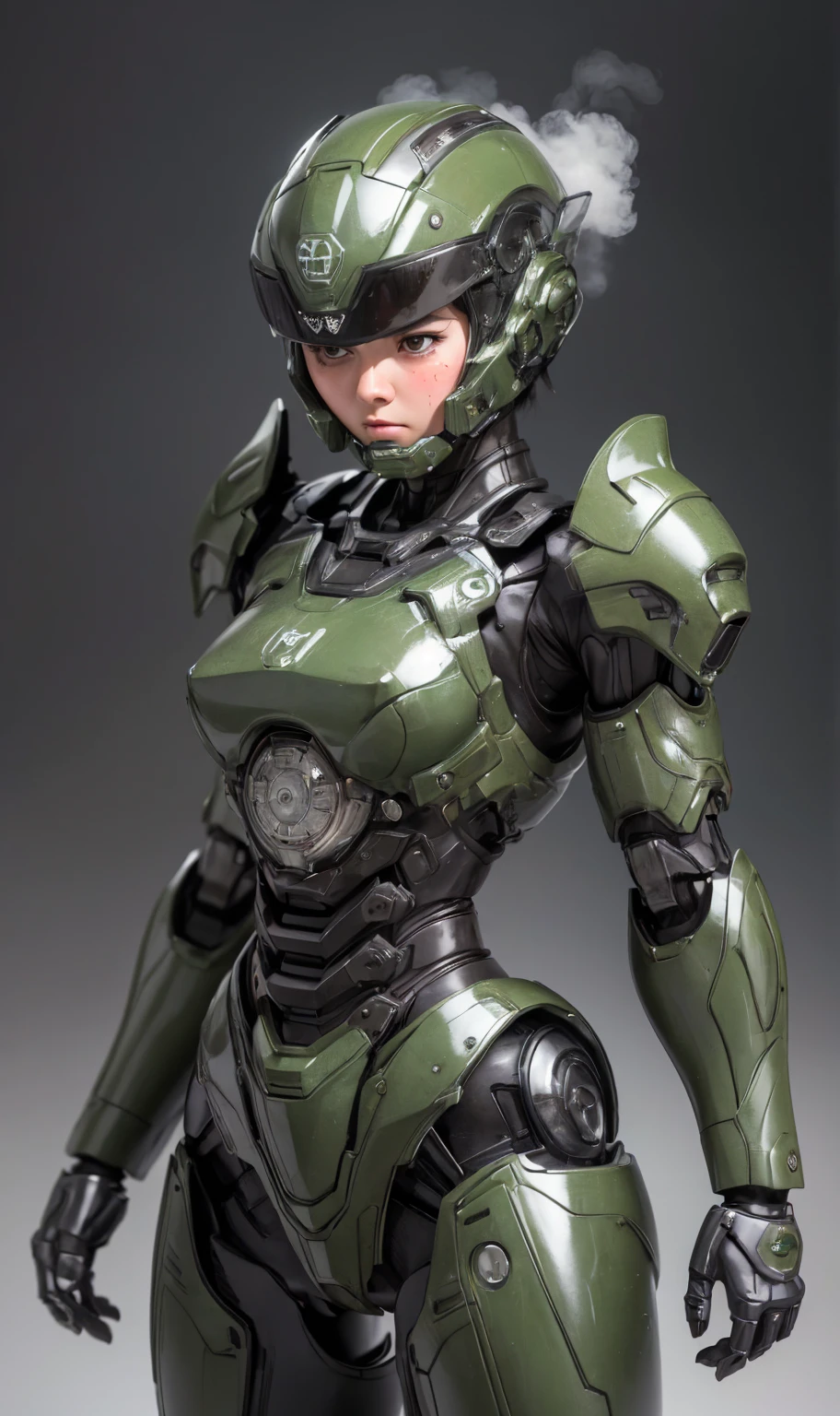 Textured skin, Super detailed, Attention to detail, high quality, 最high quality, High resolution, 1080P, hard disk, beautiful,(War Machine),beautifulサイボーグ女性,Dark Green Mecha Cyborg Girl,battle,Girl with a mechanical body,、Plain junior high school girl Boyish short hair、Sweaty brown eyes、Sweaty face、Expressions of distress Blushing cute Black-haired ((Steam coming out of the head)) (Steam coming out of the whole body) Cool pose