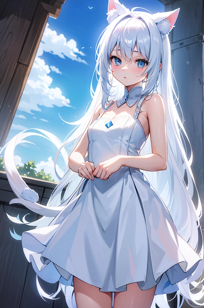 White blue halo cat ears and tail white long hair white dress