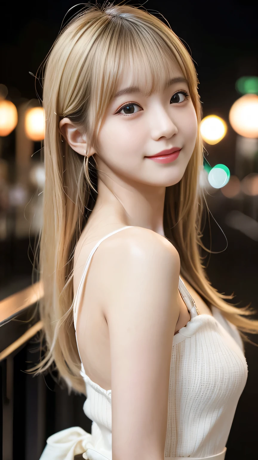 masterpiece、1 beautiful girl、Fine grain、Puffy eyes、Highest quality, 超High resolution, (reality: 1.4), Cinema Lighting、Japanese、Asian Beauty、Super Beauty、Beautiful Skin、thin、Body facing forward、(Surreal)、(High resolution)、(8K)、(Very detailed)、てFine grain)、(Super detailed)、 (wallpaper)、Detailed face、Bright lighting、Professional Lighting、View your audience、Look straight ahead、The costume is a white knitted dress、Long Hair, Blonde,My hair is messy, Asymmetrical bangs, 、Night view、Japan is an idol、Korean Idol、Burning idol pose、、19 years old、blonde: 3.5、smile、
