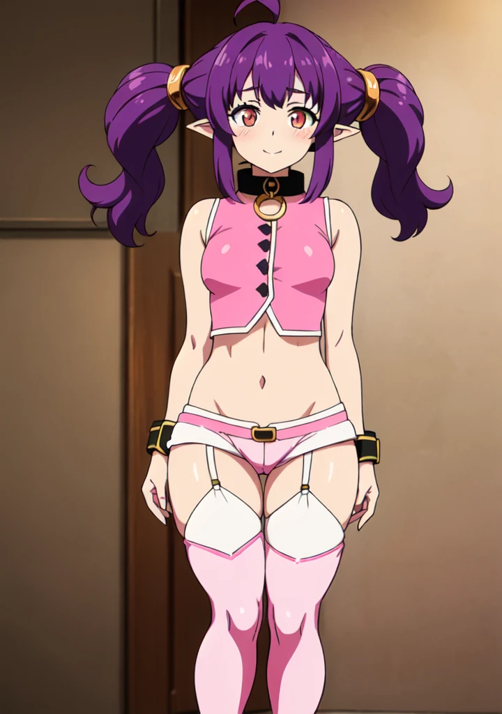 ((sherry)), official anime artwork, looking at viewer, collar, (purple hair:1.4), multiple ahoge, (dark red-gold eyes:1.2), gold eye accent, (hair_ornament:1.4), twin-tails, hair_tie, young female, beautiful nose, beautiful character design, perfect eyes, perfect face, expressive eyes, perfect lighting, shiny skin, flushed skin, blushing face, lewd smile, gravure, pinup, long thin pointy ears, (solid colors:1.4), dark red-gold eyes, (sherry), beautiful finger, beautiful very long legs, beautiful body, long thin pointy ears, (all visible leg skin covered by tights:1.2), (all visible stomach skin covered by tights bodysuit:1.4), (all visible hips skin covered by tights bodysuit:1.4), arms completely visible, (arms showing skin:1.2), (pink sleeveless buttoned top:1.6), (pink outfit:1.2), (white trim:1.8), (white lapel:1.4), (thigh-high pink boots with white lapel:1.9), (black belt:1.2), (black garterbelts:1.8), (black garterbelts connecting boots to shorts:1.4), (boots pulled up by bootstraps:1.4), small breats