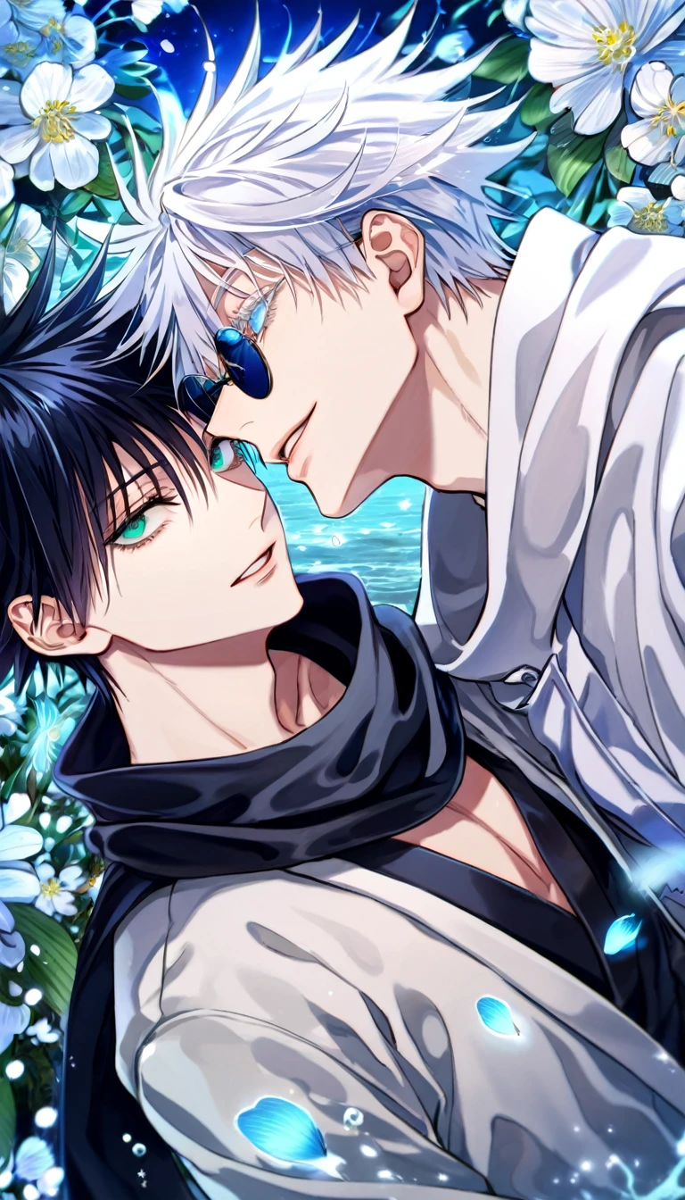 absurdres, highres, ultra detailed, HDR, master piece, Fushiguro Megumi, black hair, expressive green eyes, Gojou Satoru, white hair with bangs, white eyelashes, expressive blue eyes, black round sunglasses, Jujutsu Kaisen, two sexy man together, gay couple, yaoi, love, handsome, best quality, blue moon, flowers, fantasy, magical, water, blue shining fireflies, blue petals, black scarf, white haori, handsome smile,