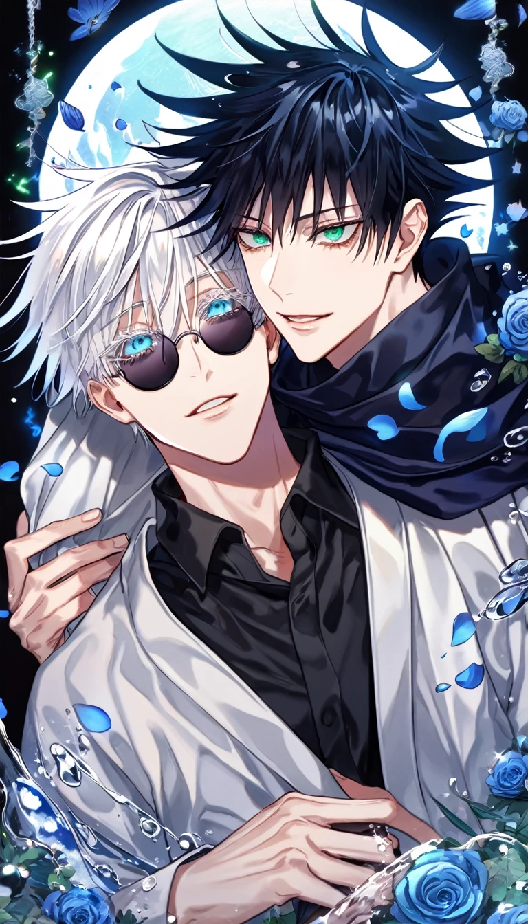absurdres, highres, ultra detailed, HDR, master piece, Fushiguro Megumi, black hair, expressive green eyes, Gojou Satoru, white hair with bangs, white eyelashes, expressive blue eyes, black round sunglasses, Jujutsu Kaisen, two sexy man together, gay couple, yaoi, love, handsome, best quality, blue moon, flowers, fantasy, magical, water, blue shining fireflies, blue petals, black scarf, white haori, handsome smile,