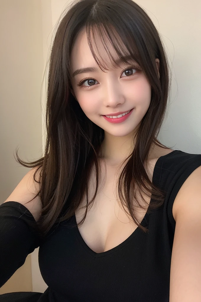 Selfie、Upper Body、Black clothes、Light clothing、Laughing、bed、Lying down、semi-long、Highest quality, figure, Super detailed, In detail, High resolution, 8k wallpaper, Perfect dynamic composition, Beautiful attention to detail, dress,Medium Hair, Small breasts、Natural color lip, Random sexy poses,smile,24-years-old