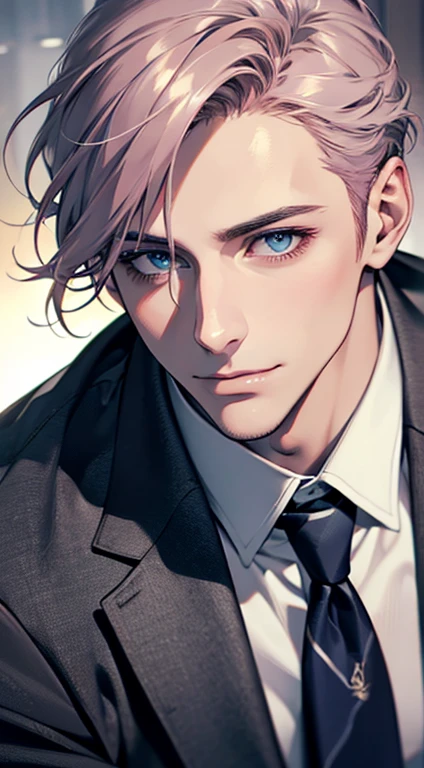 (Highest quality,4K,8K,High resolution,masterpiece:1.2),Super detailed,(Realistic,photoRealistic,photo-Realistic:1.37),1 person,31 years old,Mature Men,Beautiful skin、very handsome,Expressionless,smile,Short gray pink hair,blue eyes,Sharp Eyes,A perfect face without a doubt,Businessman,Office Background,Cinema Lighting,HDR image,tie、