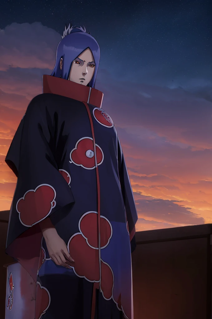 (((akatsuki robe with red clouds))), piercings, looking at the viewer, blue hair, (((standing inside dark room))), night time, busty, large breasts, high quality, 4k