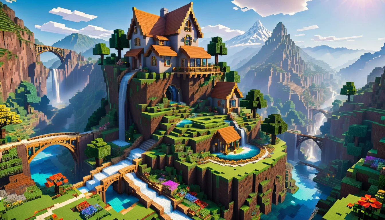 minecraft style (Ultra realistic:1.3), (long distant shot) from (big tall fairy house:1.2) with round windows, on top from rocky hill, environmental artwork, environmental art, (elegant jewelry), (mystical river), (Beautiful:1.4), (attractive:1.3), epic snowy (mountains), Summer nature, block, pixel, bright colors, (Eagle), flowers, ethereal bridges, waterfalls On distance, (rainbow:0.5), (World tree) On distance