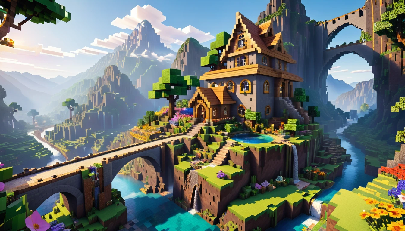 minecraft style (Ultra realistic:1.3), (long distant shot) from (big tall fairy house:1.2) with round windows, on top from rocky hill, environmental artwork, environmental art, (elegant jewelry), (mystical river), (Beautiful:1.4), (attractive:1.3), epic snowy (mountains), Summer nature, block, pixel, bright colors, (Eagle), flowers, ethereal bridges, waterfalls On distance, (rainbow:0.5), (World tree) On distance