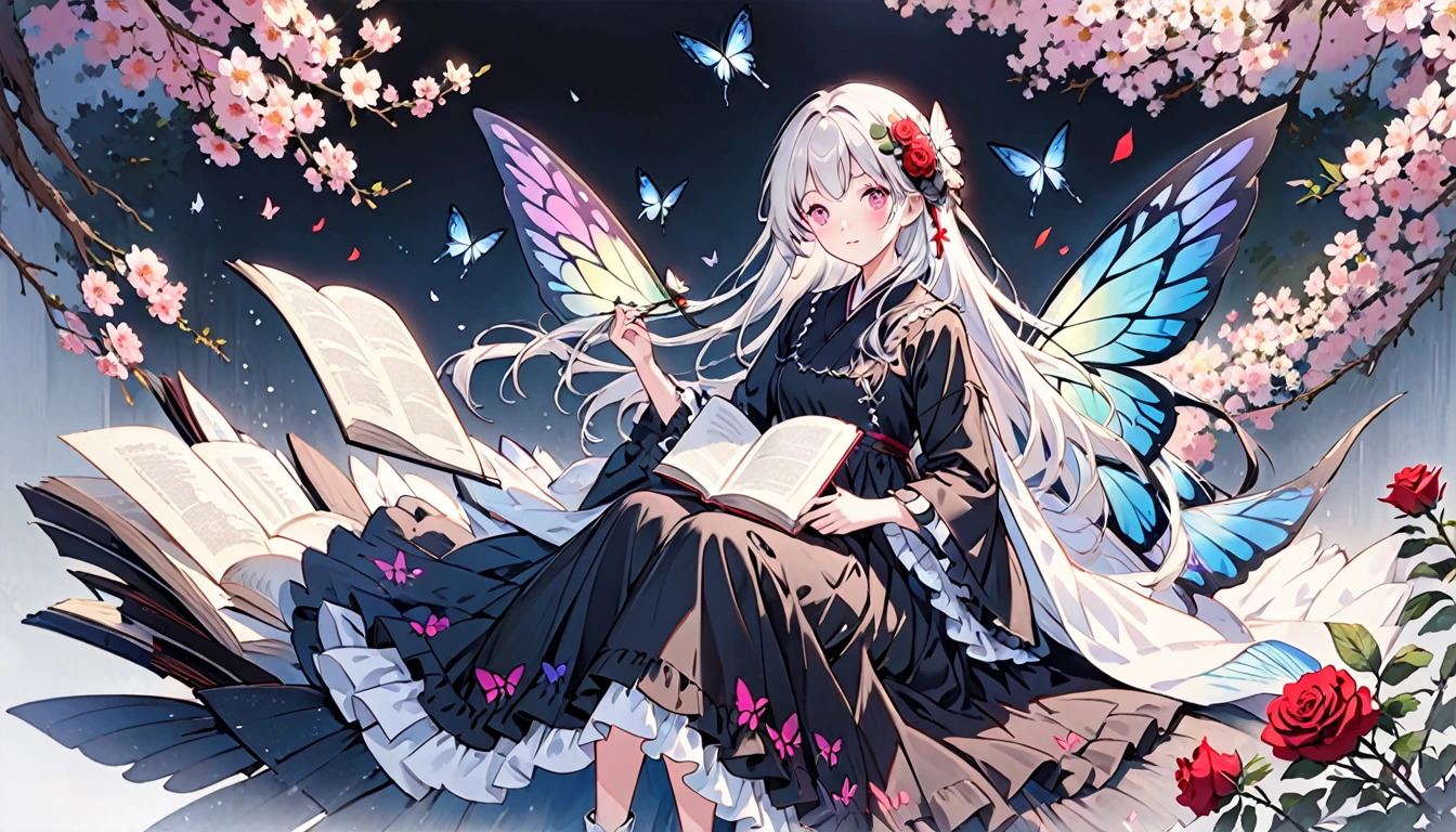 parameter (Black Theme),One girl, alone, flower, White Hair, Long Hair, wing, pink flower, hair ornaments, Book, Pink Eyes, Sitting, hair flower, dress, Frills, Complex background, White footwear, View your viewers, bangs, flowerびら, Wide sleeves, whole body, blue flower, Holding, boots, Long sleeve, Mouth closed, very Long Hair, open Book, Wrist cuff, 黒い dress, Holding Book, butterfly wing, Rose, 青い Rose, blush, purple flower, frilled dress, fairy wing, Frills袖,