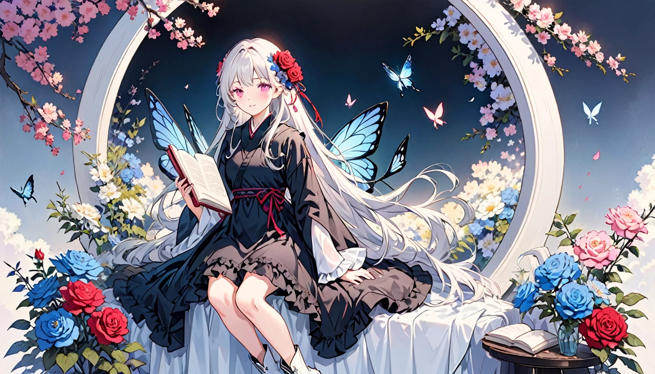 parameter (Black Theme),One girl, alone, flower, White Hair, Long Hair, wing,  pink flower, hair ornaments, Book, Pink Eyes, Sitting, hair flower, dress, Frills, Complex background, White footwear, View your viewers, bangs, flowerびら, Wide sleeves, whole body, blue flower, Holding, boots, Long sleeve, Mouth closed, very Long Hair, open Book, Wrist cuff, 黒い dress, Holding Book, butterfly wing, Rose, 青い Rose, blush, purple flower, frilled dress, fairy wing, Frills袖,