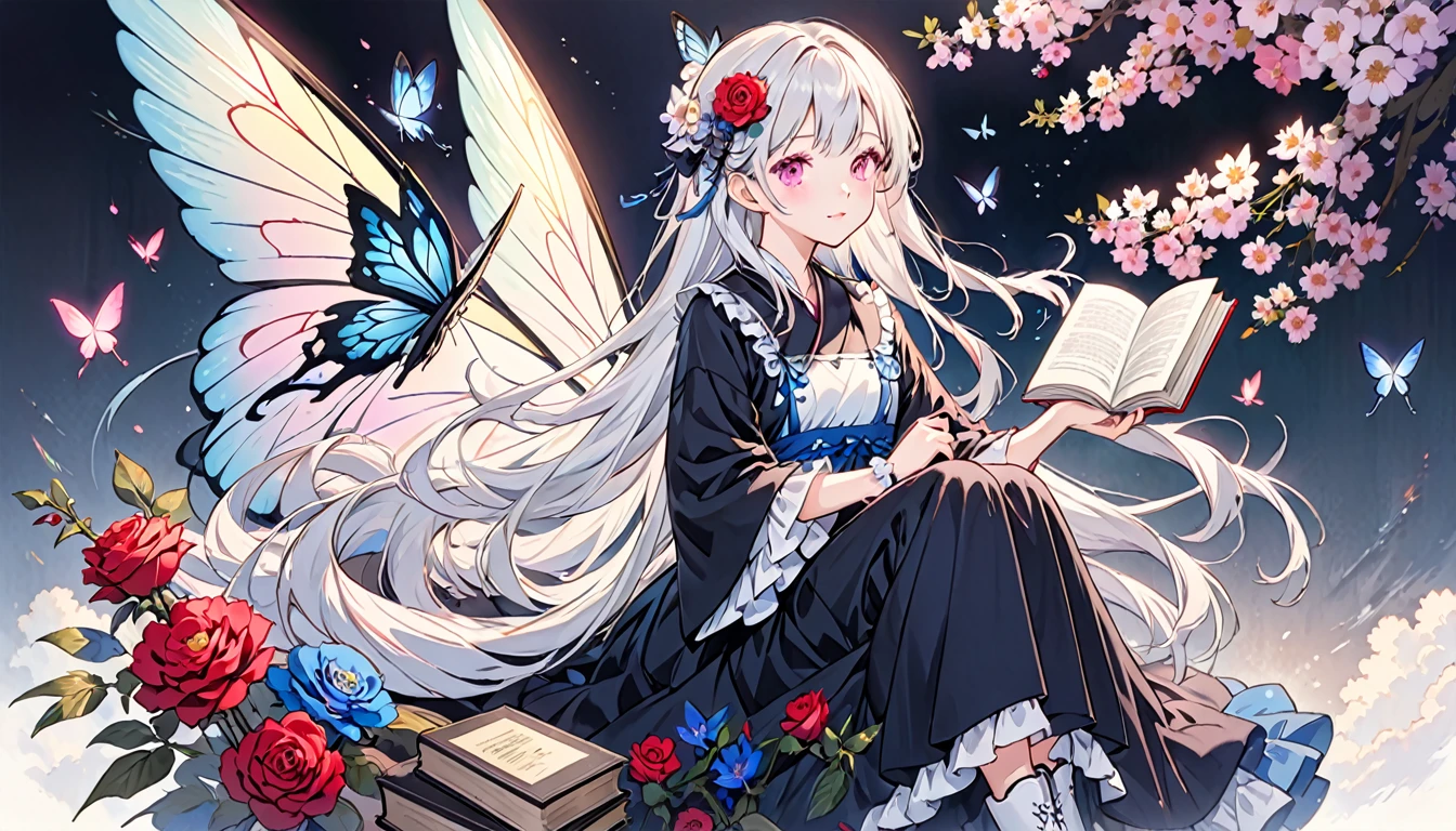 parameter (Black Theme),One girl, alone, flower, White Hair, Long Hair, wing, pink flower, hair ornaments, Book, Pink Eyes, Sitting, hair flower, dress, Frills, Complex background, White footwear, View your viewers, bangs, flowerびら, Wide sleeves, whole body, blue flower, Holding, boots, Long sleeve, Mouth closed, very Long Hair, open Book, Wrist cuff, 黒い dress, Holding Book, butterfly wing, Rose, 青い Rose, blush, purple flower, frilled dress, fairy wing, Frills袖,