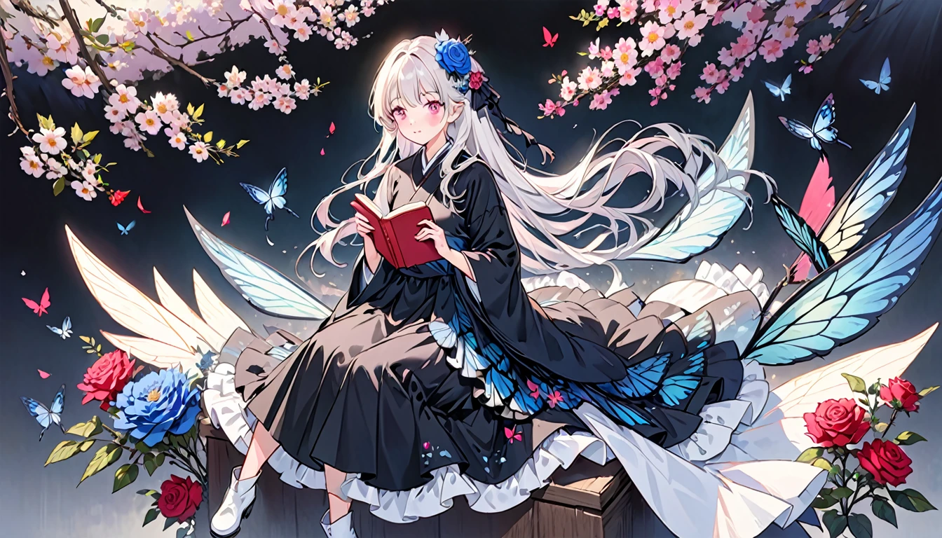 parameter (Black Theme),One girl, alone, flower, White Hair, Long Hair, wing, pink flower, hair ornaments, Book, Pink Eyes, Sitting, hair flower, dress, Frills, Complex background, White footwear, View your viewers, bangs, flowerびら, Wide sleeves, whole body, blue flower, Holding, boots, Long sleeve, Mouth closed, very Long Hair, open Book, Wrist cuff, 黒い dress, Holding Book, butterfly wing, Rose, 青い Rose, blush, purple flower, frilled dress, fairy wing, Frills袖,