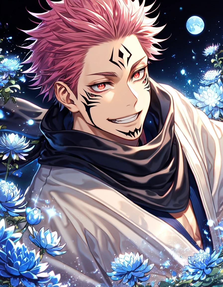 Ultra detailed, Highres, absurdres, HDR, Ryomen Sukuna, pink hair, expressive red eyes, white coat with patterns with a hoddie, Jujutsu Kaisen, white flowers, winter, ice, snowflakes, petals, handsome, sexy man, solo, very detailed eyes and face, ice butterflies, master piece, toned chest, glittering