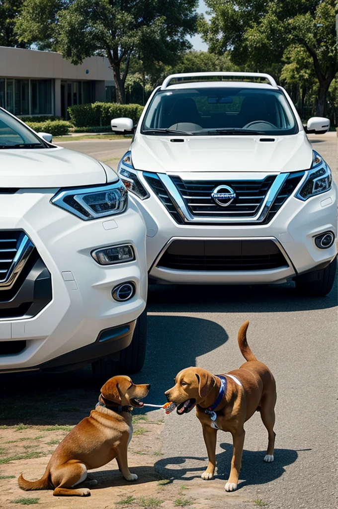Image with a dog drinking water and the Nissan agency in the background 
