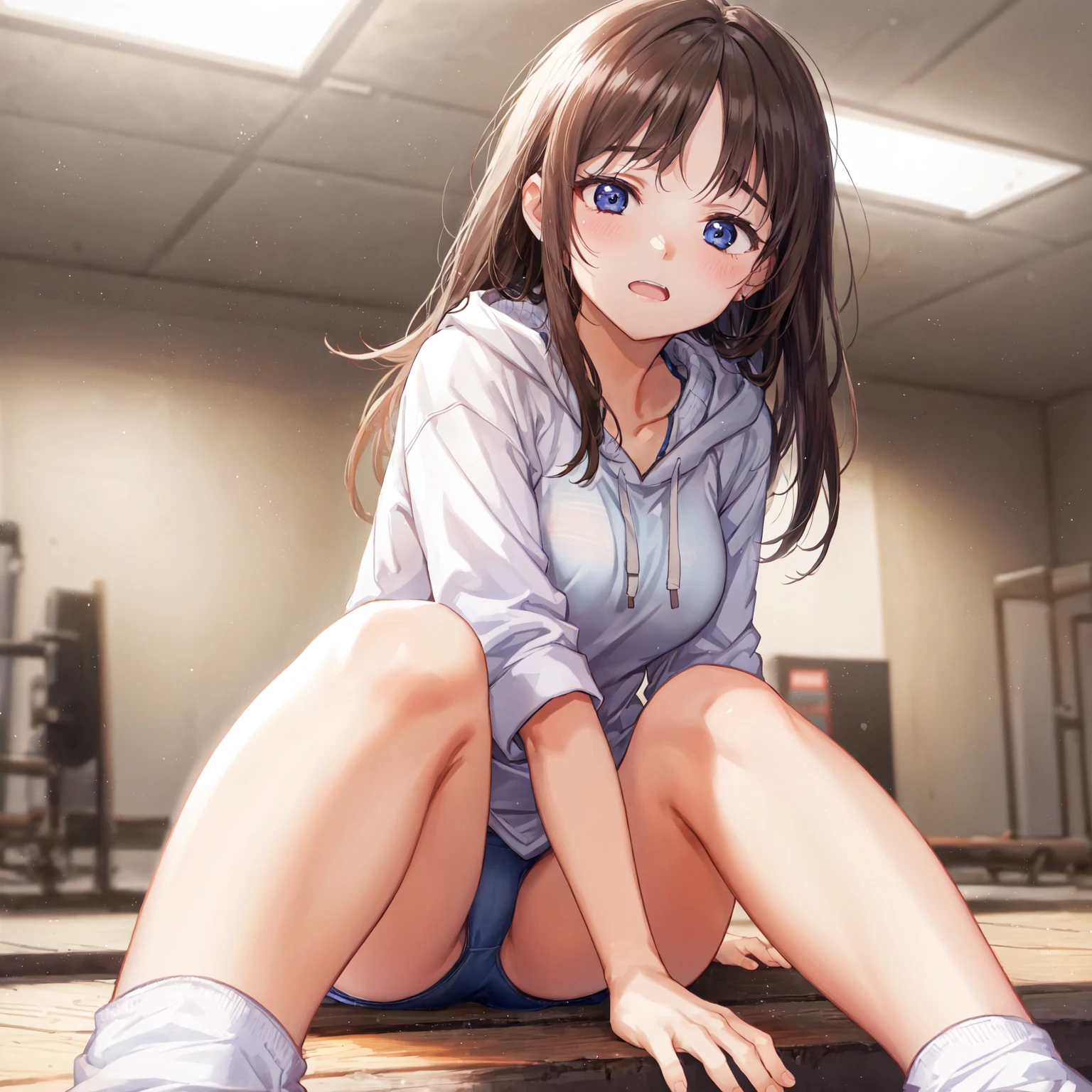 night,gym,Wailing face,high school girl,sneakers,Big hoodie,Photoreal 1;4,airy brown hair,{high quality bra}},Reverse Shot1;4, {{beautiful large/medium size breasts 1:4}}, torn shirt, high quality panties,{{schoolgirl}},top quality,cute girl,high quality background, slanted eyes, detailed shirt chest wrinkles,BREAK, {{beautiful blue eye1:4}}, BREAK, five fingers