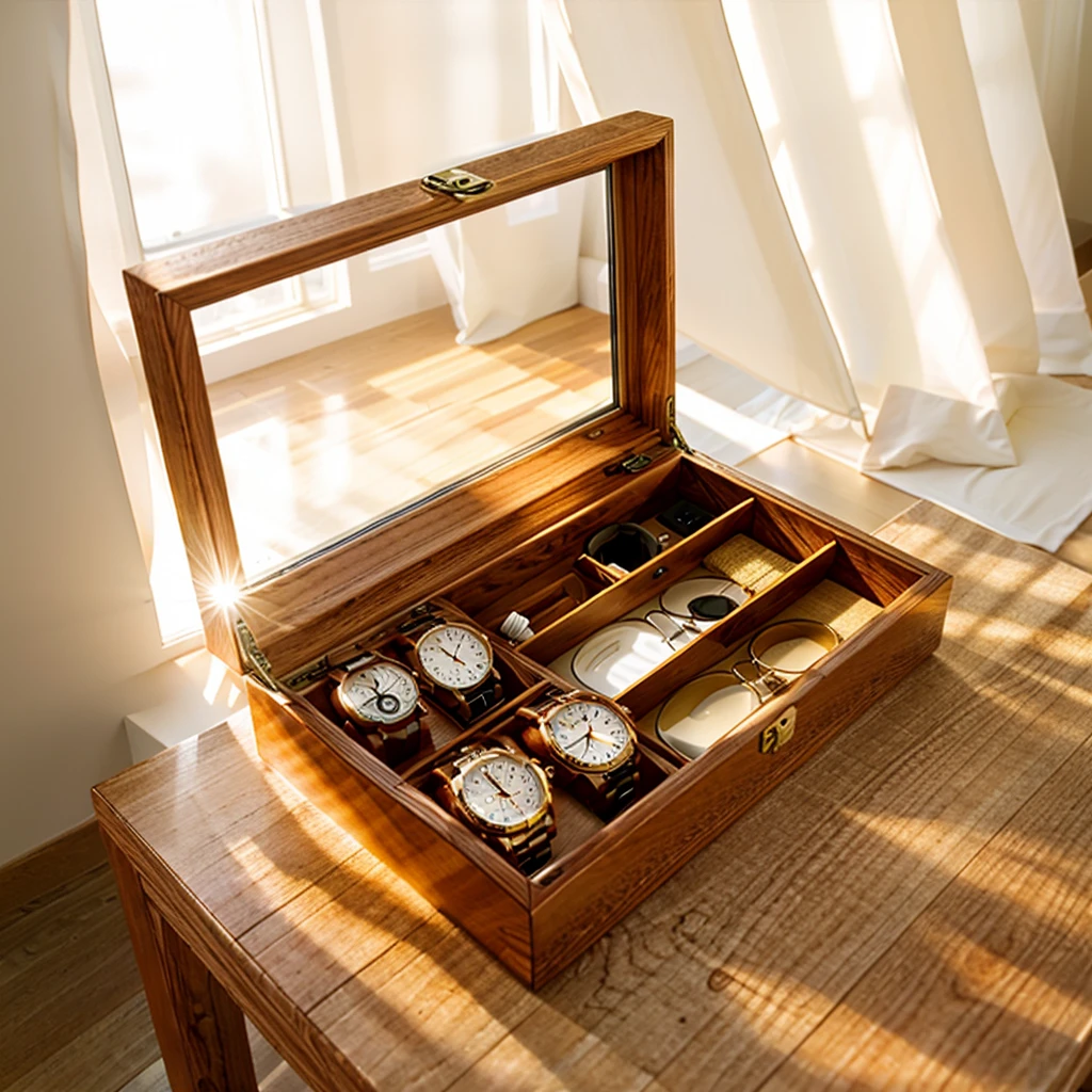 In this cozy room,A ray of sunlight shone on the table through the half-drawn curtains,Let the wood grain on the watch storage case shine with a faint sheen。There is a calm and serene atmosphere in the surrounding air。Several still lifes hang on the walls of the room,It adds a touch of elegance to the space。And on the other side of the room,A half-open window lets the breeze blow in,The pages on the small desk by the window flipped in the wind,This quiet scene gives a sense of tranquility and comfort。