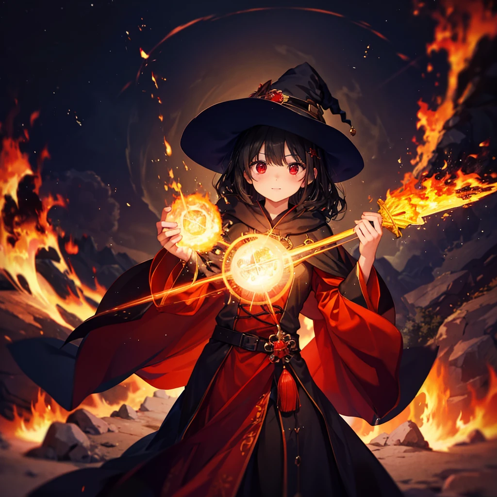 ((((witch))))　(((wand of flame　magic circle background)))　((Black Hair　witchの帽子　Red eyes))　((Big Explosion　fire))　(Magic Robe　Black Hole)　incantation　Runes　Shining Background　Shining Edge