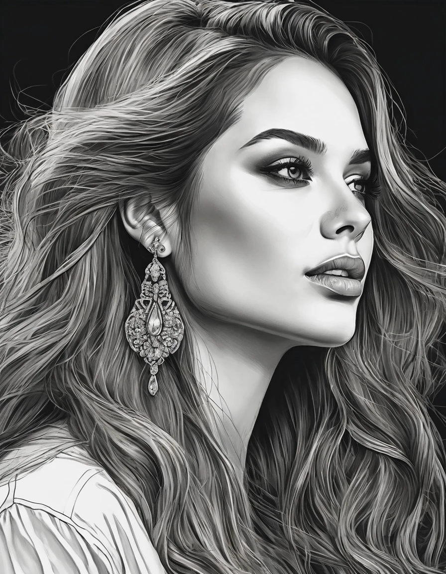 a drawing of a woman with long hair and earrings, detailed beauty portrait, detailed beautiful portrait, realistic digital drawing, extremely detailed woman, elegant digital painting, detailed woman, detailed illustration portrait, epic portrait illustration, stunning drawing, beautiful drawing style, beautiful beautiful digital art, Bela arte UHD 4K, realistic sketch, elegant drawing, high quality sketch art