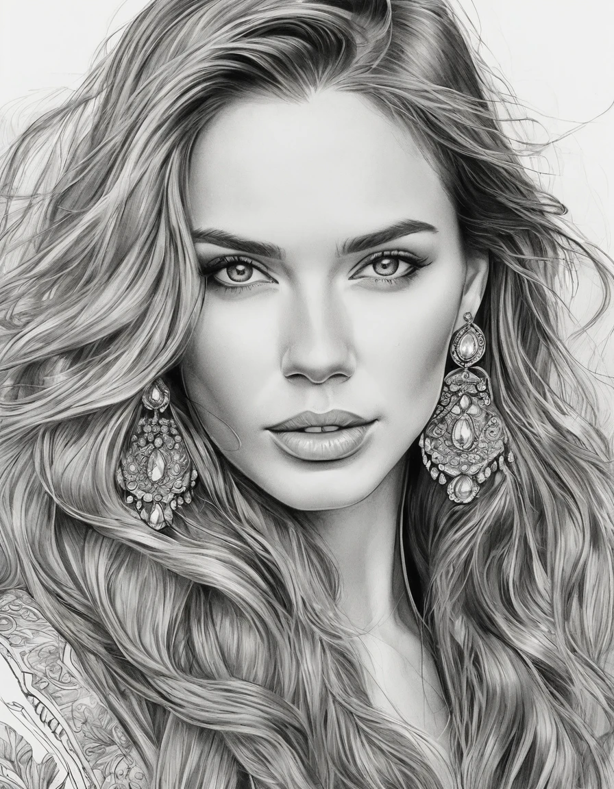 a drawing of a woman with long hair and earrings, detailed beauty portrait, detailed beautiful portrait, realistic digital drawing, extremely detailed woman, elegant digital painting, detailed woman, detailed illustration portrait, epic portrait illustration, stunning drawing, beautiful drawing style, beautiful beautiful digital art, Bela arte UHD 4K, realistic sketch, elegant drawing, high quality sketch art