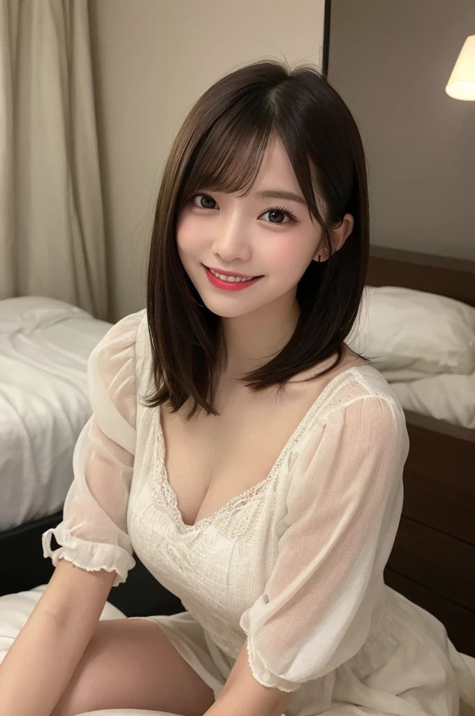 Selfie、Light clothing、Laughing、bed、Kneeling、Very short hair、short、ベリーshortカット、Highest quality, figure, Super detailed, In detail, High resolution, 8k wallpaper, Perfect dynamic composition, Beautiful attention to detail, dress,Medium Hair, Small breasts、Natural color lip, Random sexy poses,smile,24-years-old