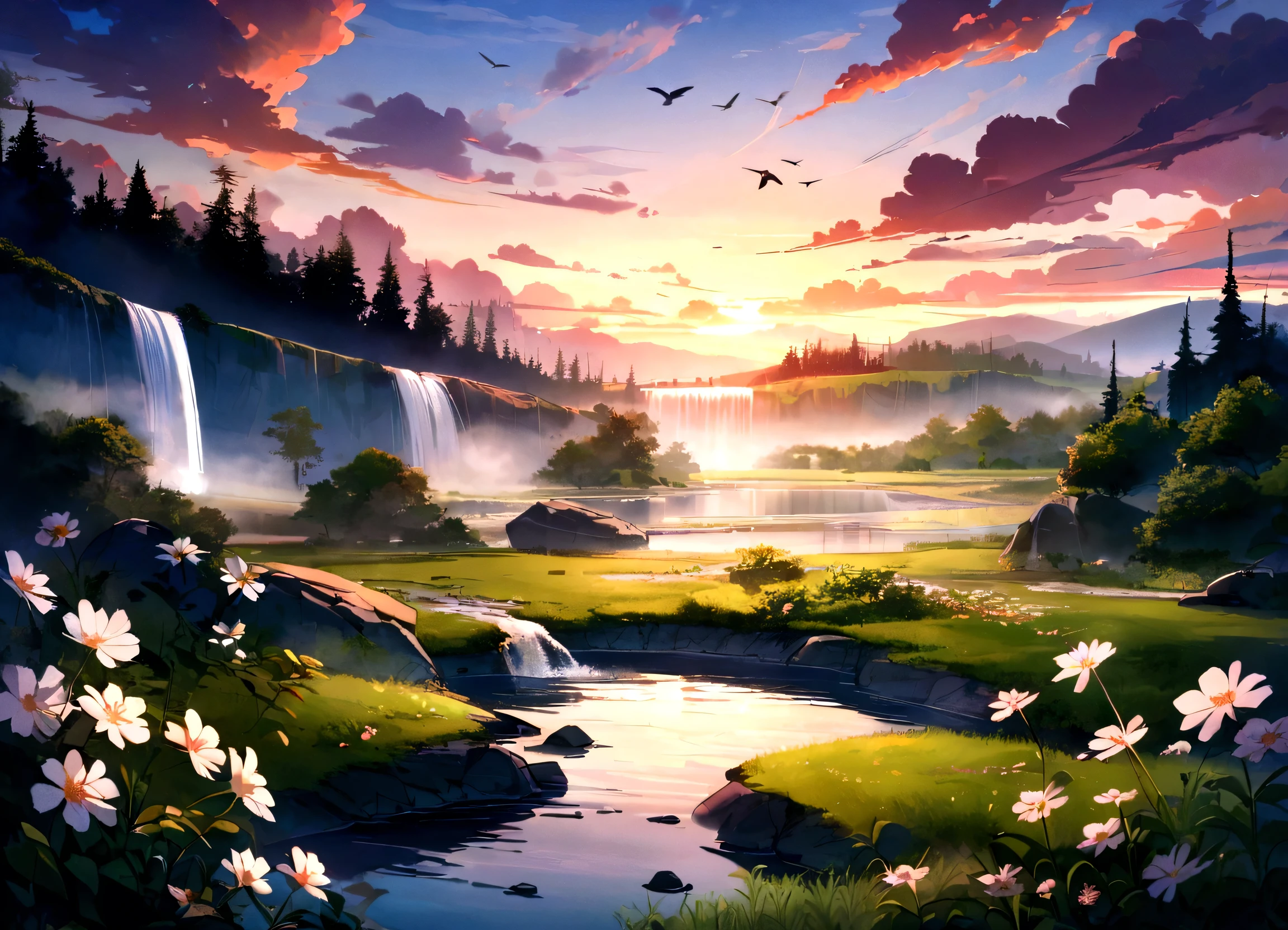 masterpiece, Highest quality, bird, flower, cloud, null, scenery, Day, leaf, Outdoor, No humans, blue null, unmanned, scenery, landscape, nature, rock, wood, fog, rock lake, blue null, Grass, flowers, Open View, Vibrant, beautiful, waterfall, stream, lake, forest, landscapes, beautiful sunset at beach