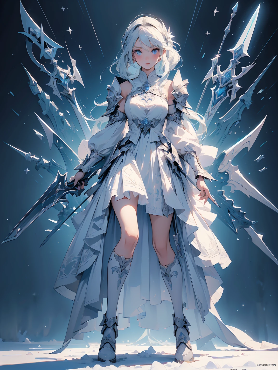 (((masterpiece, best quality, high detailed, 8k))) Design a layout showcase Gaming character, (1girl). Blue|Silver clothes, stylish and unique. ((showcase weapon:1.4)), bow and arrows. (masterpiece:1.2), (best quality), 4k, ultra-detailed. (Step by step design, layout art:1.5), (luminous lighting, atmospheric lighting). archer, ((glove full hands)), (((revealing clothes:1.3))), vambraces, armored legwear, (((full_body_shot:1.4))). {On a snowy mountain}.
