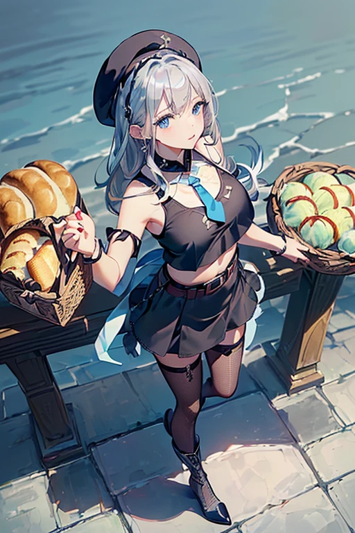 (perky chest:1.2), (pointed chest:1.2),(icecream magazine cover:1.3),(from above:1.2),(shoot from the side:1.1),(((Black Tunic:1.3))),(((cakes and bread in the basket),a 23yo Cute and beautiful girl,masterpiece、highest quality、Very detailed、Beautiful fine details、Detailed landscape、Braided Ponytail、Red camisole、((B cup breasts, Tank top showing underboob:1.0)), thigh strap, bangs, necktie, earrings, nail polish, fishnet pantyhose, silver hair, looking at viewer, full body, bottle, own hands together, belt, food, ring, choker, english text paper:1.2, collared shirt, blue eyes, hat,lace-up boots ,