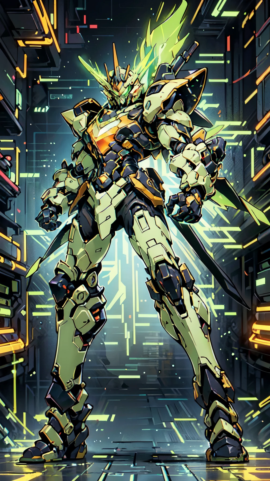 (masterpiece:1.5, best quality:1.5, extremely delicate:1.5, perspective:1.5, foreshortening:1.5, dynamic angle:1.5), a man wearing a full-face helmet, a fantasy-style biotech armored combat suit, green eyes, (a composite layered chest armor), fully enclosed shoulder guards, matching arm and leg guards, the belt is adorned with neon circuitry, (the color scheme is primarily black glow with green and red accents), the design balances heavy with agility, a high-tech bio-mecha armor, (Armor Concept Inspired by neon Cyberpunk, stand on the top of a skyscraper in a futuristic sci-fi city), this character embodies a finely crafted fantasy-surreal style armored hero in anime style, exquisite and mature manga art style, (battle damage, element, plasma, energy, the armor glows), ((male:1.5)), metallic, high definition, highres, ultra-detailed, ultra-fine painting, professional, perfect body proportions, golden ratio, anatomically correct, symmetrical face, extremely detailed eyes and face, high quality eyes, creativity, RAW photo, UHD, 32k, Natural light, cinematic lighting, masterpiece-anatomy-perfect