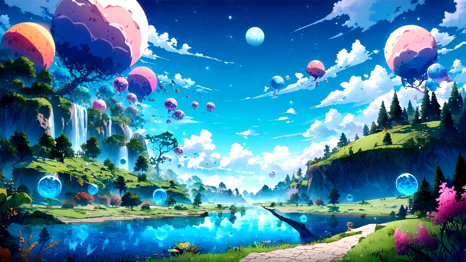 fantasy anime landscape, anime style, bluish sky, sparkling river, strange magical creatures, bright sky, multiple moons, flying creatures, vibrant colors