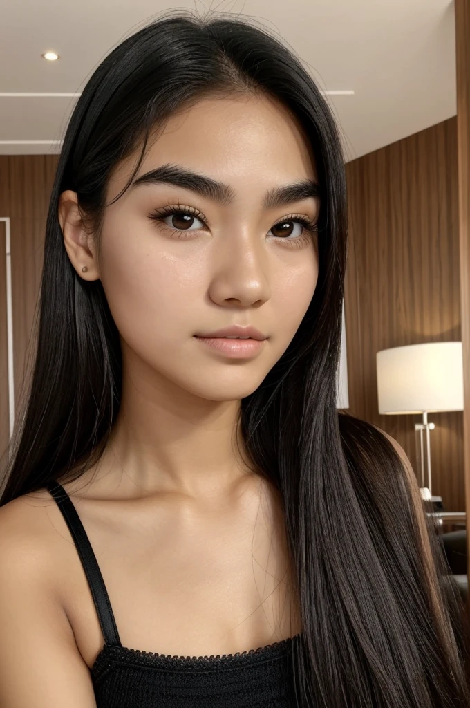 ((realist)) ((Best Quality)) Niña de 13 years 156cm de alto,pure black fur,white skin tone,large eyebrows almost together, with small but bulging brown eyes,and big mouth,with a small nose,round face shape,but square at the same time,He has several pimples on his face,in a hotel,He is in transparent underwear that is black but you can&#39;t see it.,she has big breasts for her age,also a good ass and curves,Not much,it&#39;s good for its age(13 years),she is lying on the bed.