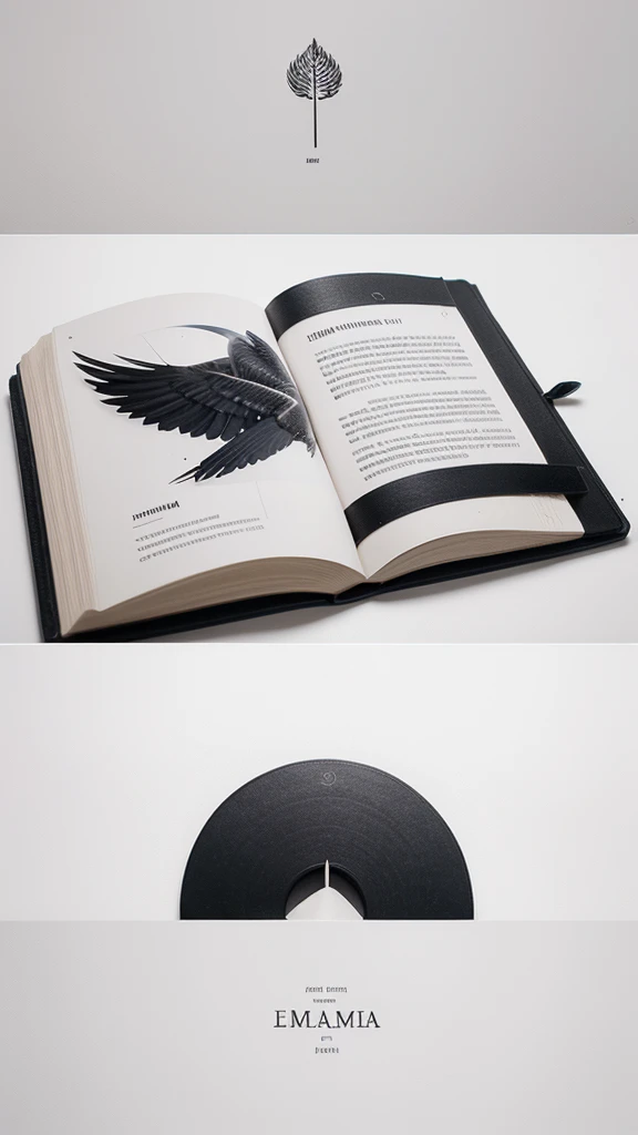 A minimal, modern, simple, cinematic logotype for the brand “Penamemoria". The logotype must be a simple, magical feather and a boy playing acoustic guitar. The logo must convey a sense of music, stories and dreams. Logo design impressed on a book cover. Minimalistic logo