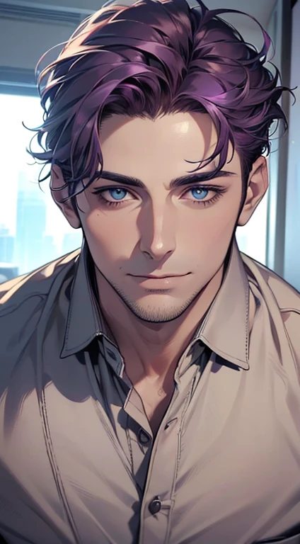 (best quality,4k,8k,highres,masterpiece:1.2),ultra-detailed,(realistic,photorealistic,photo-realistic:1.37),1 man,31 years old,mature man,very handsome,without expression,smile,short purple hair,blue eyes,penetrating gaze,perfect face without errors,imposing posture,businessman,office background,cinematic lighting,hdr image