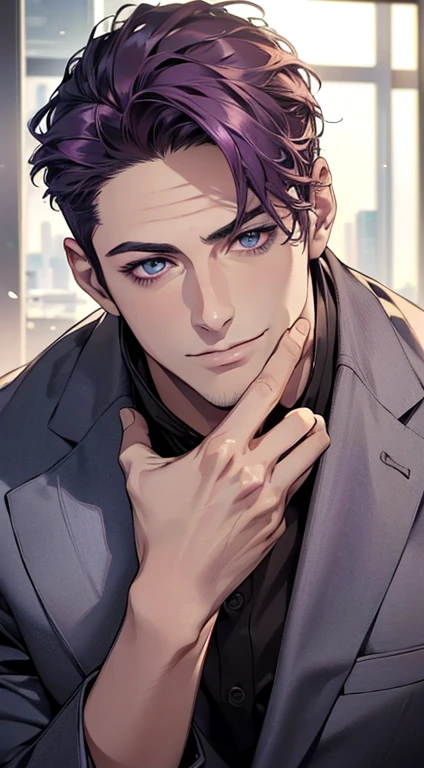 (best quality,4k,8k,highres,masterpiece:1.2),ultra-detailed,(realistic,photorealistic,photo-realistic:1.37),1 man,31 years old,mature man,very handsome,without expression,smile,short purple hair,blue eyes,penetrating gaze,perfect face without errors,imposing posture,businessman,office background,cinematic lighting,hdr image