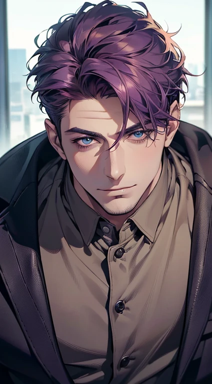 (best quality,4k,8k,highres,masterpiece:1.2),ultra-detailed,(realistic,photorealistic,photo-realistic:1.37),1 man,31 years old,mature man,very handsome,without expression,smile,short purple hair,blue eyes,penetrating gaze,perfect face without errors,imposing posture,businessman,office background,cinematic lighting,hdr image