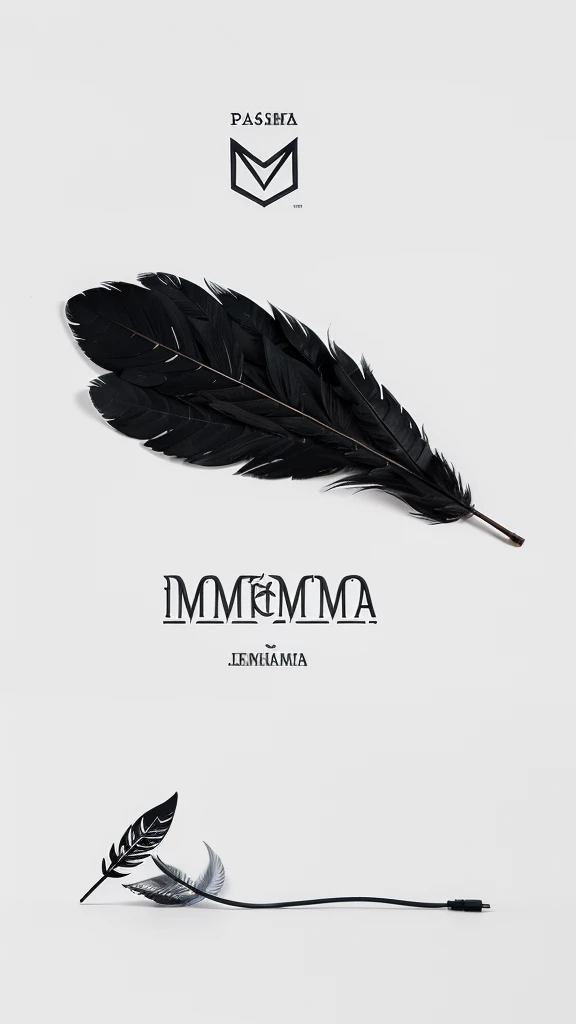 A minimal, modern, simple, cinematic logotype for the brand “Penamemoria". The logotype must be a simple, magical feather and a boy playing acoustic guitar. The logo must convey a sense of music, stories and dreams. Logo design impressed on a book cover. Minimalistic logo