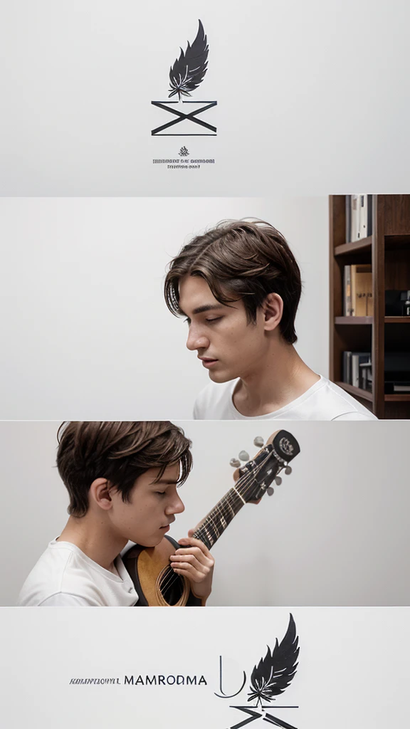 A minimal, modern, simple, cinematic logotype for the brand “Penamemoria". The logotype must be a simple, magical feather and a boy playing acoustic guitar. The logo must convey a sense of music, stories and dreams. Logo design impressed on a book cover. Minimalistic logo