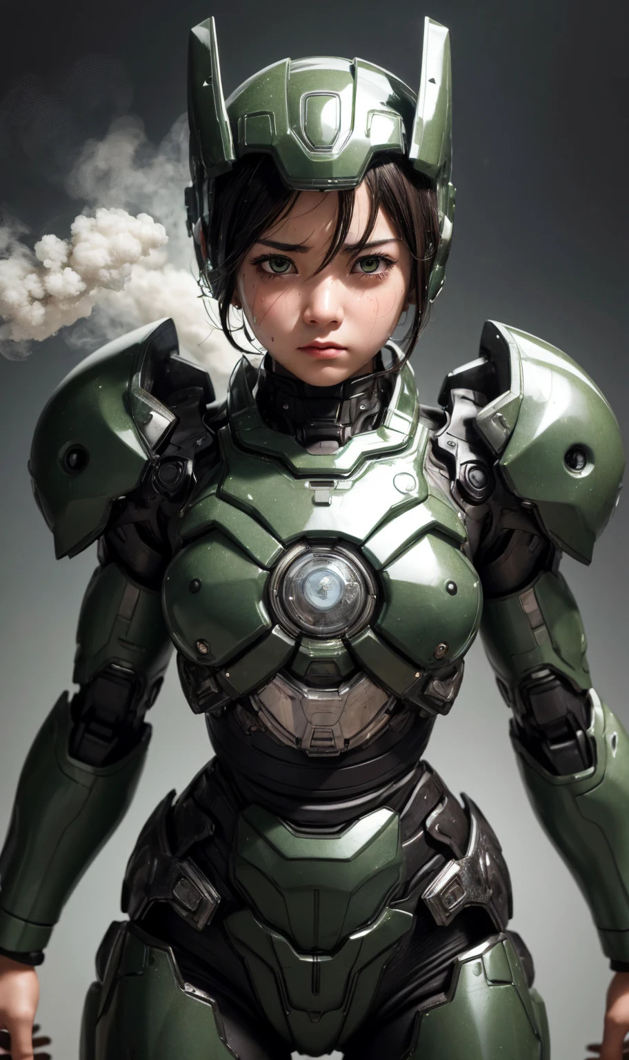 Textured skin, Very detailed, Attention to detail, high quality, 最high quality, High resolution, 1080P, hard disk, beautiful,(War Machine),beautifulサイボーグ女性,Mecha Cyborg Girl,Battle Mode,Girl with a mechanical body　Black Hair　Short Hair Boyish　Dark green armor　Sweaty and wet face　(Being slammed into a wall)(Headgear breaks and flies off)　(Debris flying away)Steam coming from the head　Steam coming out of the whole body　Painful expression　Please open your mouth wide　Snug-fitting headgear　Black Inner Suit　Full body portrait　Gas mask with a long nozzle（front）