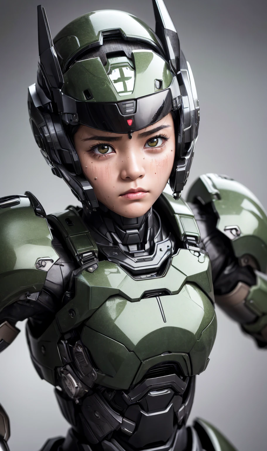 Textured skin, Super detailed, Attention to detail, high quality, 最high quality, High resolution, 1080P, hard disk, beautiful,(War Machine),beautifulサイボーグ女性,Dark Green Mecha Cyborg Girl,battle,Girl with a mechanical body,、Plain  high schoolBoyish short hair、Sweaty brown eyes、Sweaty face、Expressions of distress　Blushing　cute　Black-haired　((Steam coming out of the head)) (Steam coming out of the whole body) Cool pose