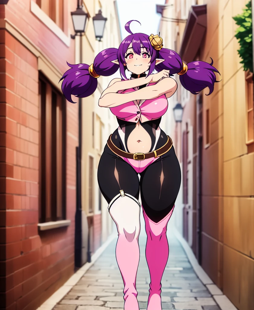 ((sherry)), official anime artwork, looking at viewer, collar, (purple hair:1.4), multiple ahoge, (dark red-gold eyes:1.2), gold eye accent, (hair_ornament:1.4), twin-tails, hair_tie, young female, beautiful nose, beautiful character design, perfect eyes, perfect face, expressive eyes, perfect lighting, shiny skin, flushed skin, blushing face, lewd smile, gravure, pinup, long thin pointy ears, (solid colors:1.4), dark red-gold eyes, (sherry), beautiful finger, beautiful very long legs, beautiful body, long thin pointy ears, (all visible leg skin covered by tights:1.2), (all visible stomach skin covered by tights bodysuit:1.4), (all visible hips skin covered by tights bodysuit:1.4), arms completely visible, (arms showing skin:1.2), (pink sleeveless buttoned top:1.6), (pink outfit:1.2), (white trim:1.8), (white lapel:1.4), (thigh-high pink boots with white lapel:1.9), (black belt:1.2), (black garterbelts:1.8), (black garterbelts connecting boots to shorts:1.4), (boots pulled up by bootstraps:1.4)