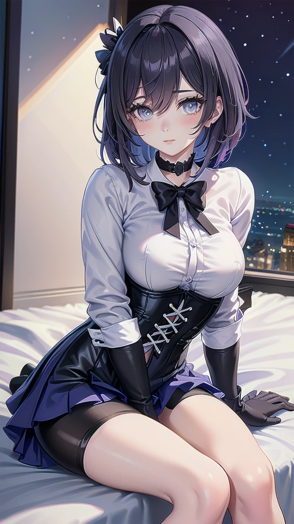  Masterpiece, Beautiful art, professional artist, 8k, Very detailed face, Detailed clothing, detailed fabric, 1 girl, Soul Fullness \(Honkai Impact 3rd\), front view, sitting on the floor with legs crossed, BIG BREASTS, perfectly drawn body, shy expression, pale skin, beautiful face, short dark blue hair, 4k eyes, very detailed eyes, pink cheeks, choker:1.6, (white long sleeve button down shirt with white collar), black gloves, gloves that cover hands, (black leather corset), (shiny black leggings), Sensual Lips , winter night, show details in the eyes, looking at the viewer, elegant room, at night