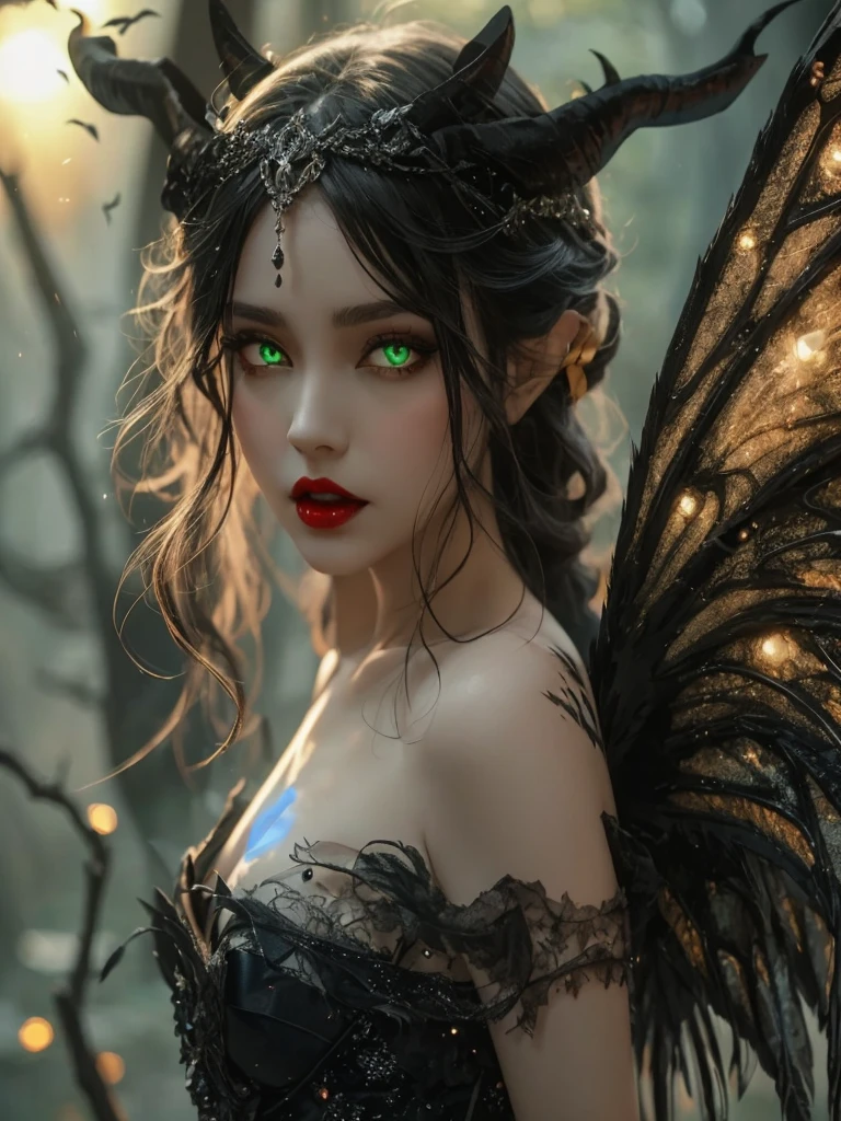 Black hair, green glowing eyes, pale cream ivory skin, black wings, 4 black horns, red lips, black dress, blue crystal on chest