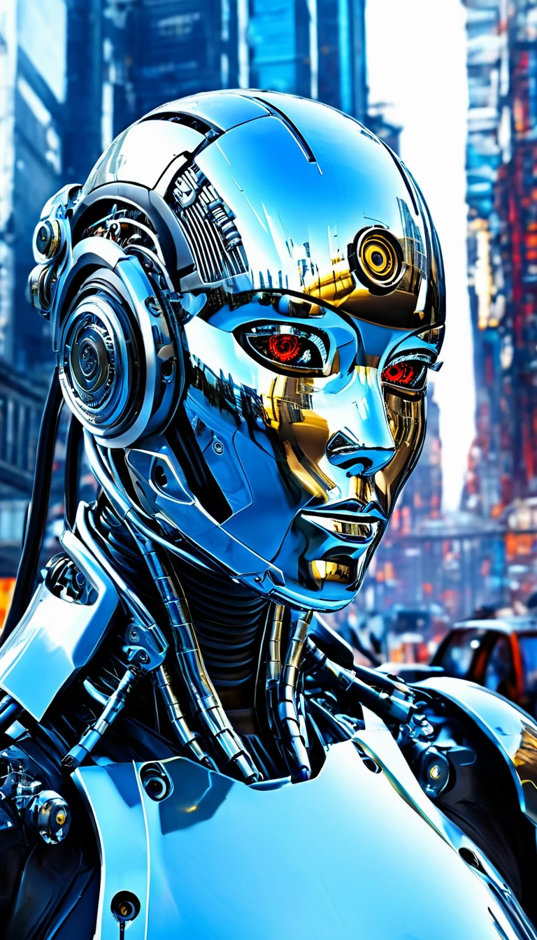 Close-up view upon A futuristic cybernetic cyberpunk-steampunk cyborg , sleek metallic ,in a futuristic cybernetic city 