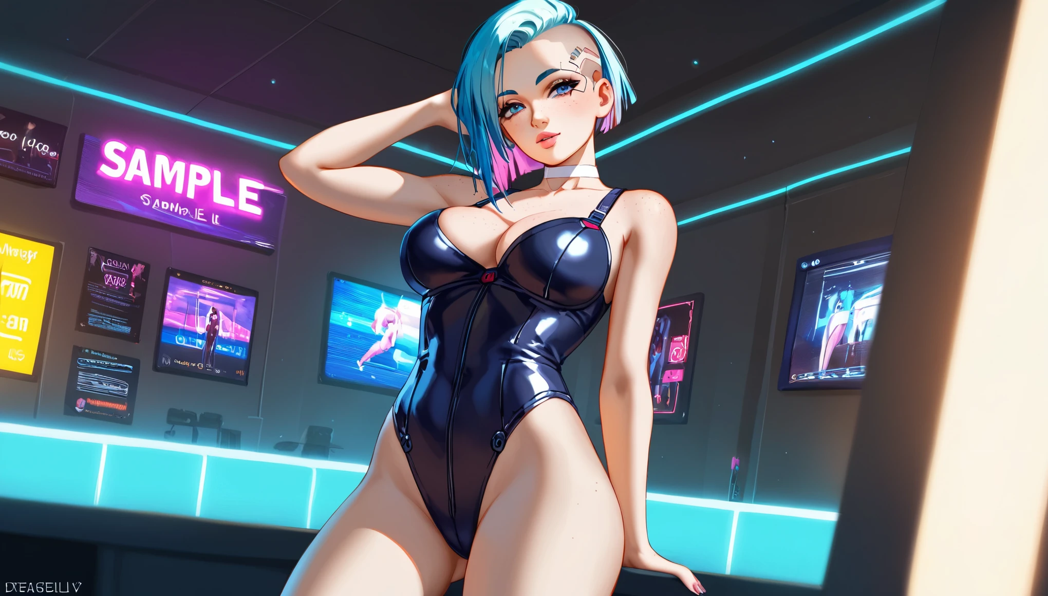 Create a digital anime-style image of a young woman with a modern, hair half top half light pink and half bottom light blue, hair cut side shaved head, eyes blue, lips atractive, beatiful fitness of her body. edgy appearance standing confidently in a dimly lit room with a cyberpunk aesthetic. The woman should tight small suit cyberpunk, sample legs and foot, legs open frontal bedroom, styled hair with vibrant colors, The room cyber high details. cute nose, seductive,white choker, pink lips, freckles, large breasts, pretty girl