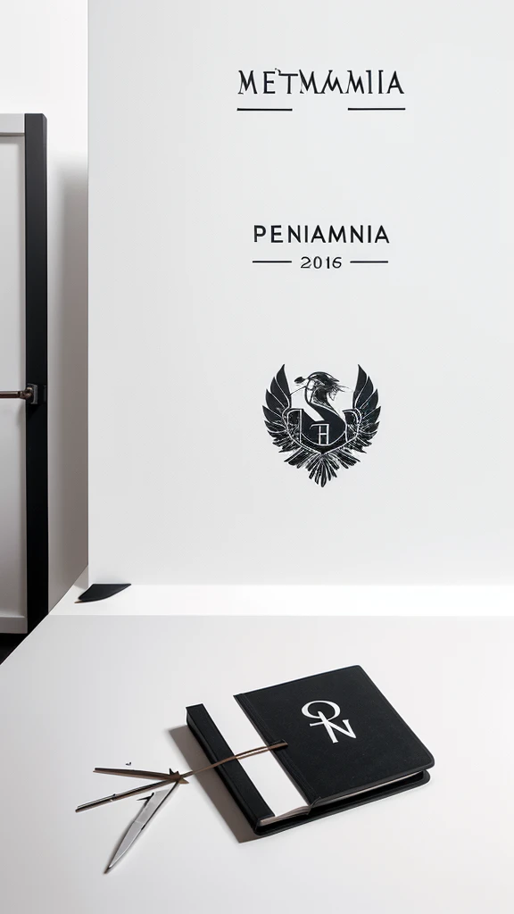 A minimal, modern, simple, cinematic logotype for the brand “Penamemoria". The logotype must be a simple, magical feather and a boy playing acoustic guitar. The logo must convey a sense of music, stories and dreams. Logo design impressed on a book cover. Minimalistic logo