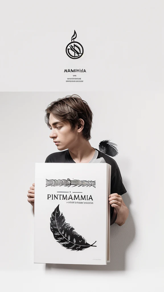 A minimal, modern, simple, cinematic logotype for the brand “Penamemoria". The logotype must be a simple, magical feather and a boy playing acoustic guitar. The logo must convey a sense of music, stories and dreams. Logo design impressed on a book cover. Minimalistic logo