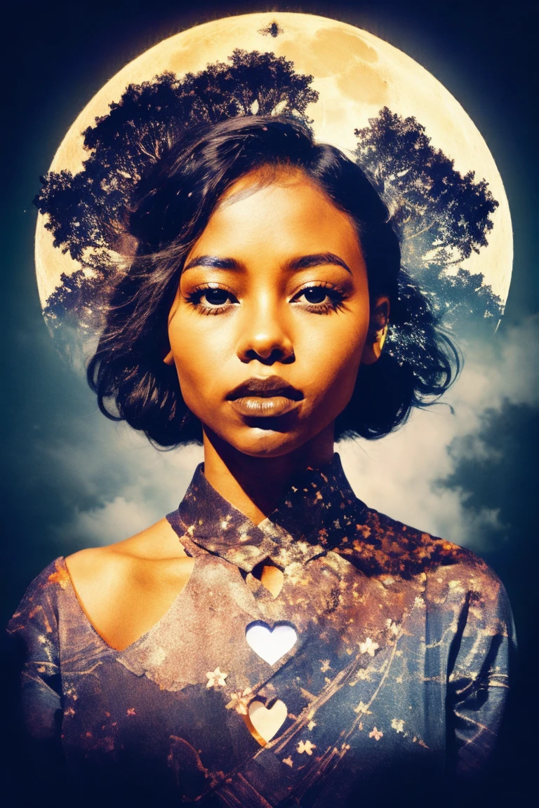 African American girl with hands surrounding a heart-shaped moon on her chest, Darken the silhouette, Heavenly City and Starry Night by Vincent Van Gogh, 
Japanese quince flower, Gradient twilight background, Ultra-high resolution, Surreal, fractal, A masterpiece with attention to detail 